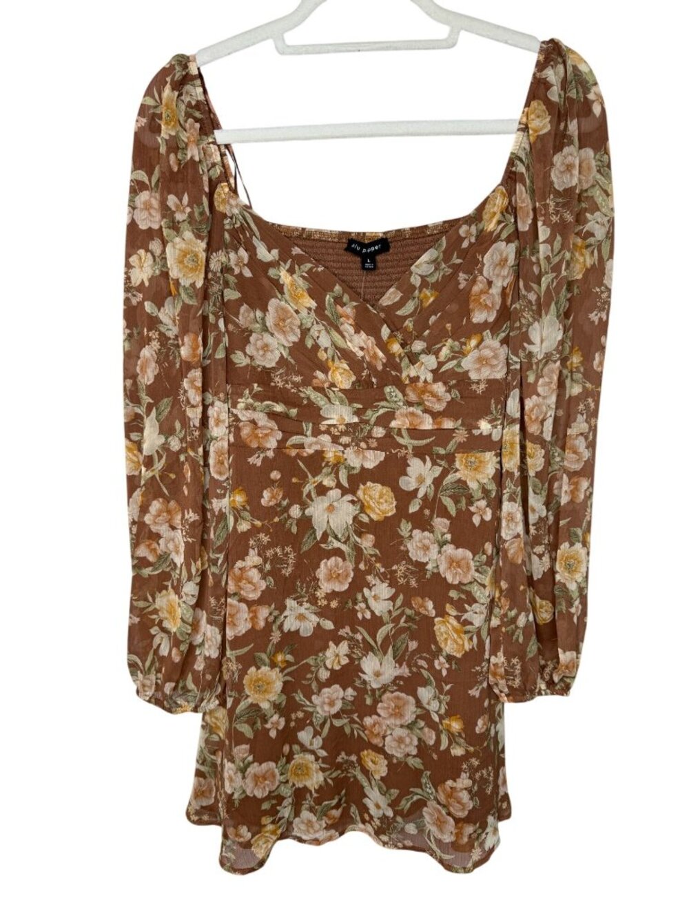 Blu Pepper Floral Mini Dress Brown Cottagecore Boho Long Sleeve Large